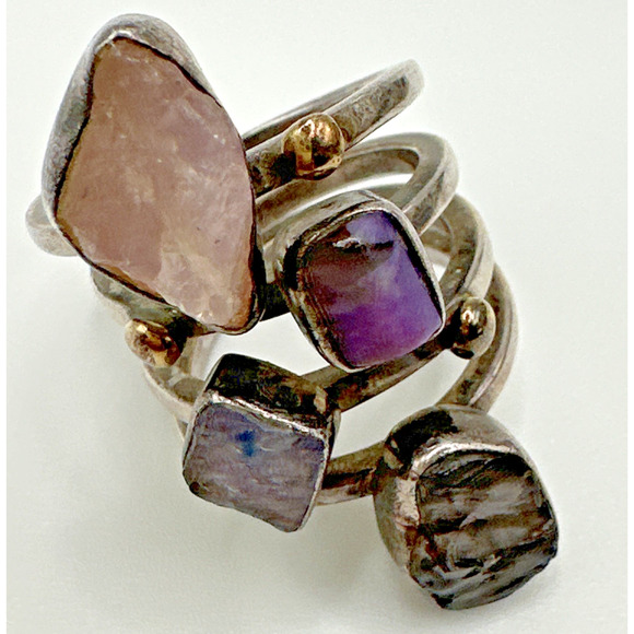 Lilly Barrack Artisan Sterling & 14k Gold 4 Gemstone Ring S 7.5 14g - Picture 2 of 12